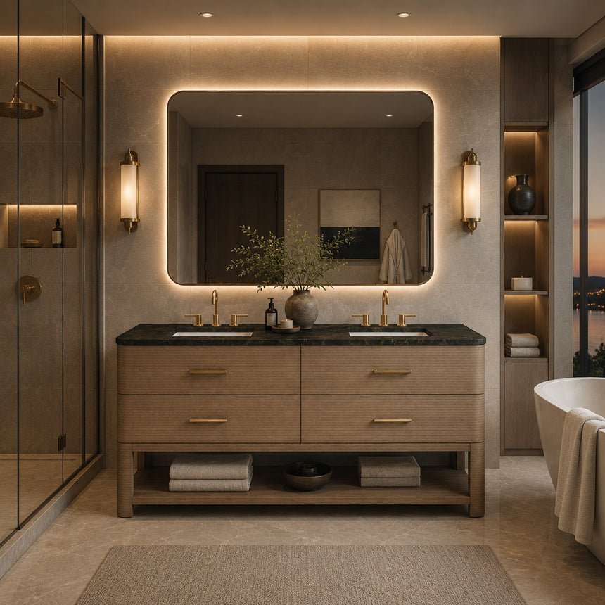 A modern bathroom vanity with a light oak wood frame, six drawers, an open lower shelf, and a white marble top with an integrated sink. The vanity is styled in a bright bathroom with a white freestanding tub, a gold faucet, and a glass shower stall in the background.