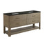 A modern double-sink bathroom vanity with a light brown wood grain finish, featuring four drawers, an open lower shelf, and a black stone countertop with two white sink basins.