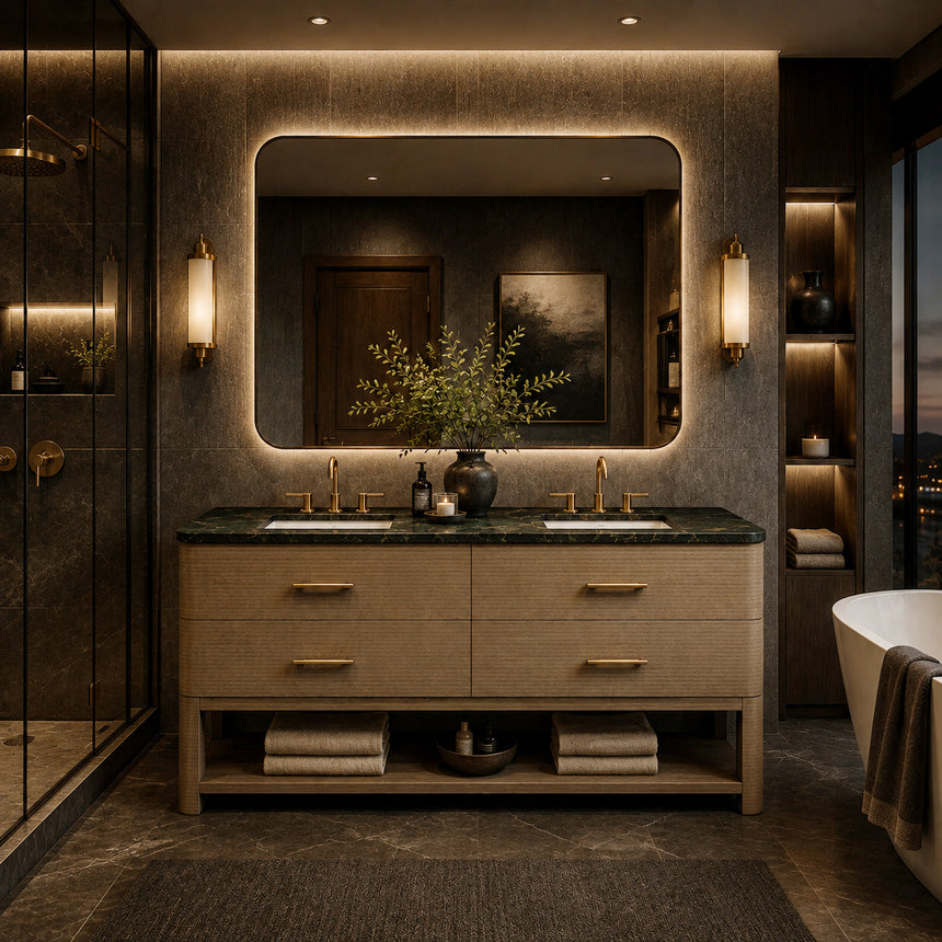 A modern bathroom vanity with a light oak wood frame, six drawers, an open lower shelf, and a white marble top with an integrated sink. The vanity is styled in a bright bathroom with a white freestanding tub, a gold faucet, and a glass shower stall in the background.