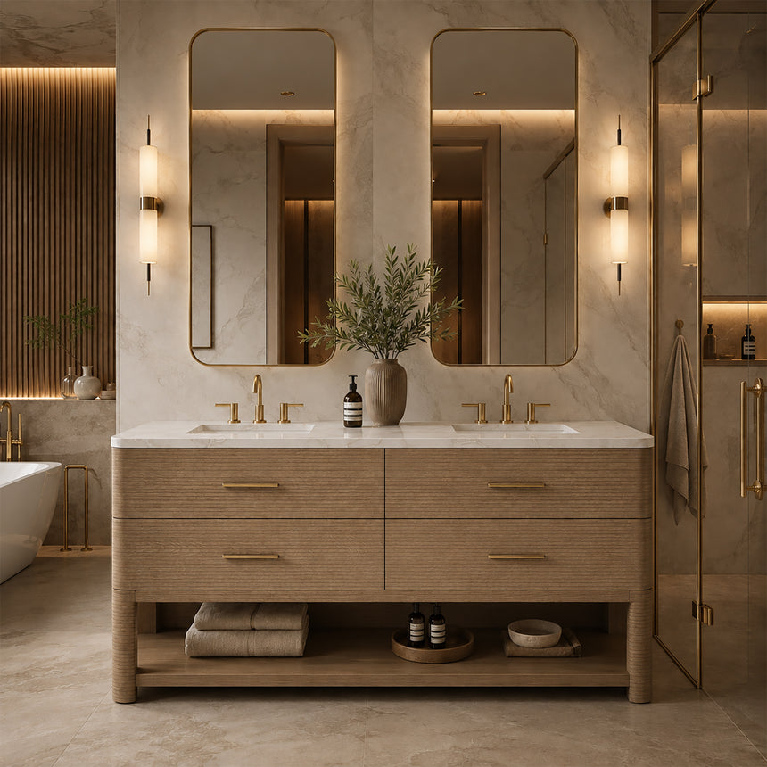 A modern bathroom vanity with a light oak wood frame, six drawers, an open lower shelf, and a white marble top with an integrated sink. The vanity is styled in a bright bathroom with a white freestanding tub, a gold faucet, and a glass shower stall in the background.