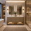 A modern double-sink bathroom vanity in a luxury bathroom setting, featuring a light wood cabinet, white marble countertop, two tall rectangular mirrors, and warm wall-mounted sconces.