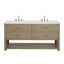 A double-sink bathroom vanity with a light oak wood grain cabinet, a white countertop, and four drawers with brass handles, shown against a plain white background.