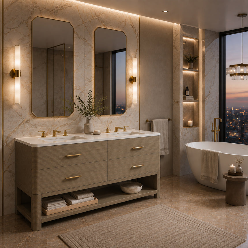 A modern bathroom vanity with a light oak wood frame, six drawers, an open lower shelf, and a white marble top with an integrated sink. The vanity is styled in a bright bathroom with a white freestanding tub, a gold faucet, and a glass shower stall in the background.