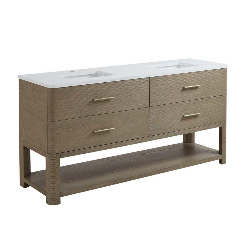 A modern bathroom vanity with a light oak wood frame, six drawers, an open lower shelf, and a white marble top with an integrated sink. The vanity is styled in a bright bathroom with a white freestanding tub, a gold faucet, and a glass shower stall in the background.