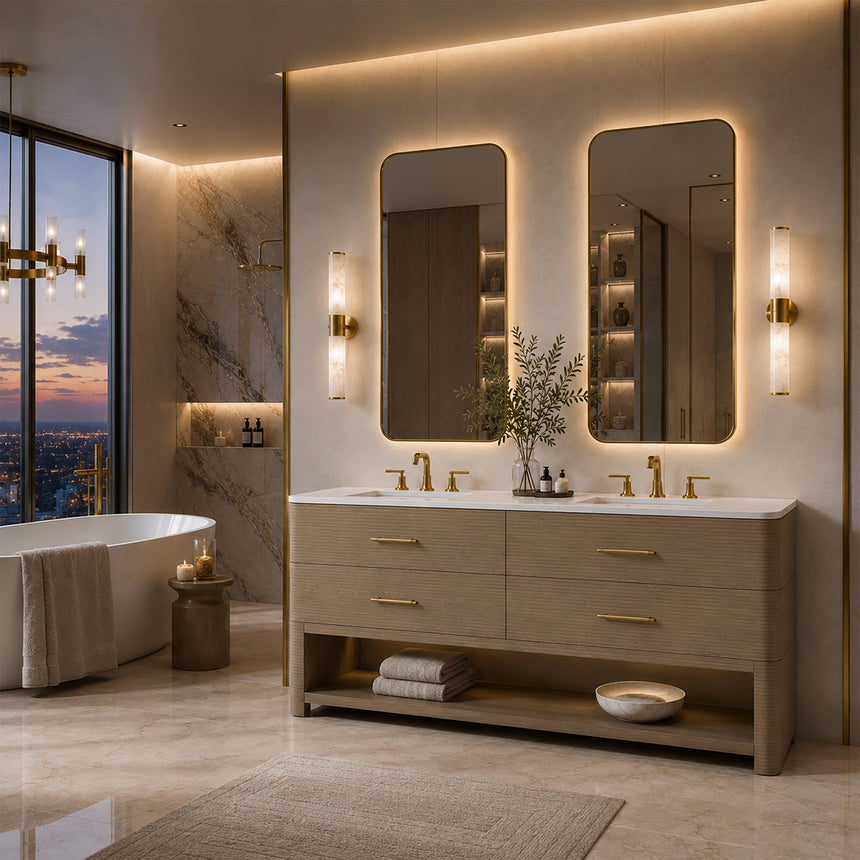 A modern bathroom vanity with a light oak wood frame, six drawers, an open lower shelf, and a white marble top with an integrated sink. The vanity is styled in a bright bathroom with a white freestanding tub, a gold faucet, and a glass shower stall in the background.