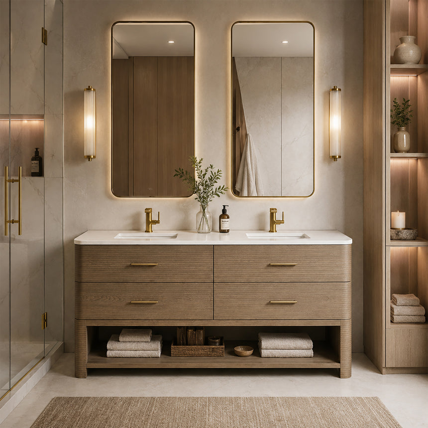 A modern bathroom vanity with a light oak wood frame, six drawers, an open lower shelf, and a white marble top with an integrated sink. The vanity is styled in a bright bathroom with a white freestanding tub, a gold faucet, and a glass shower stall in the background.