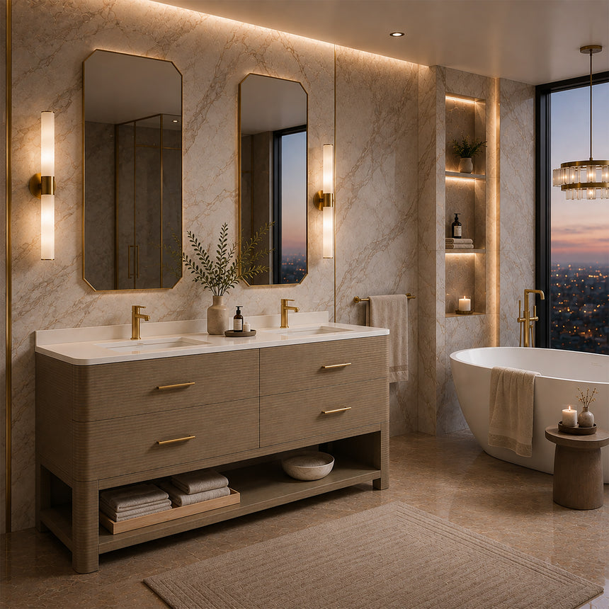 A modern bathroom vanity with a light oak wood frame, six drawers, an open lower shelf, and a white marble top with an integrated sink. The vanity is styled in a bright bathroom with a white freestanding tub, a gold faucet, and a glass shower stall in the background.