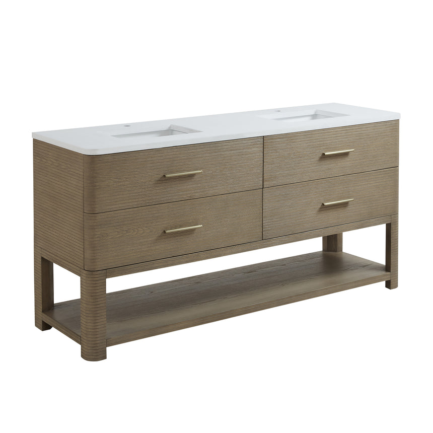 A modern bathroom vanity with a light oak wood frame, six drawers, an open lower shelf, and a white marble top with an integrated sink. The vanity is styled in a bright bathroom with a white freestanding tub, a gold faucet, and a glass shower stall in the background.