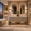 A luxury modern bathroom featuring a double-sink vanity with light wood cabinets, gold handles, and illuminated rectangular mirrors. The space includes a freestanding white bathtub, a glass shower enclosure, warm ambient lighting, and a city skyline view in the background.