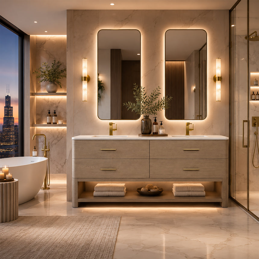 A modern bathroom vanity with a light oak wood frame, six drawers, an open lower shelf, and a white marble top with an integrated sink. The vanity is styled in a bright bathroom with a white freestanding tub, a gold faucet, and a glass shower stall in the background.