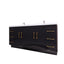 Black bathroom vanity with gold handles on a white background