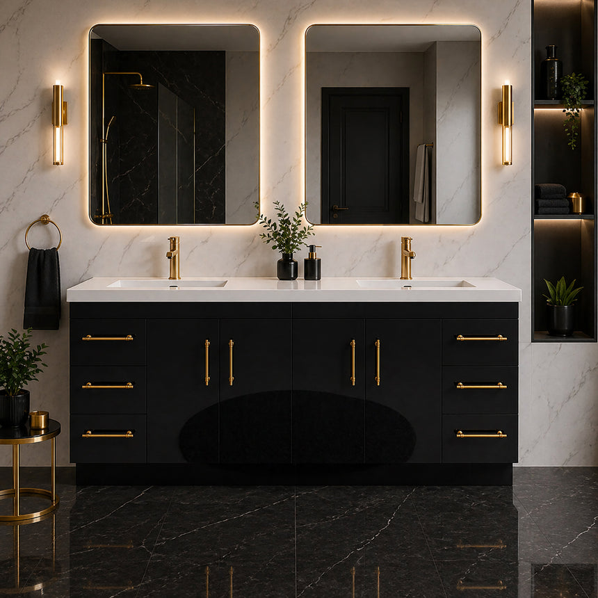Bathroom with wooden vanity, sink, and decorative elements.