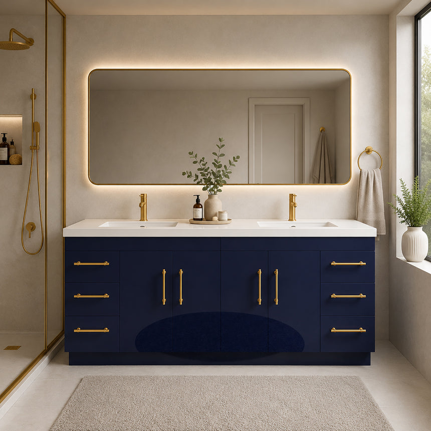 Bathroom with wooden vanity, sink, and decorative elements.