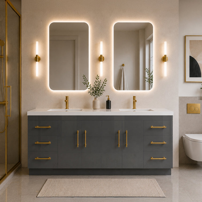 Bathroom with wooden vanity, sink, and decorative elements.