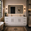 Modern bathroom with white vanity, large mirror, and decorative elements.