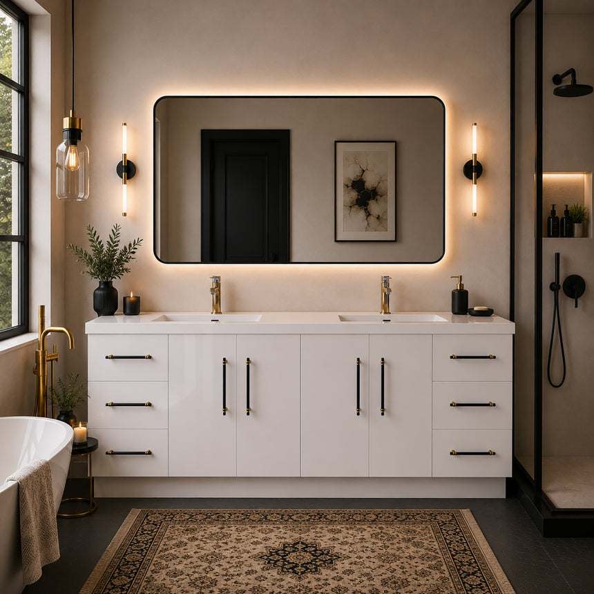 Bathroom with wooden vanity, sink, and decorative elements.
