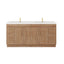 Wooden bathroom vanity with white countertop and gold fixtures on a white background