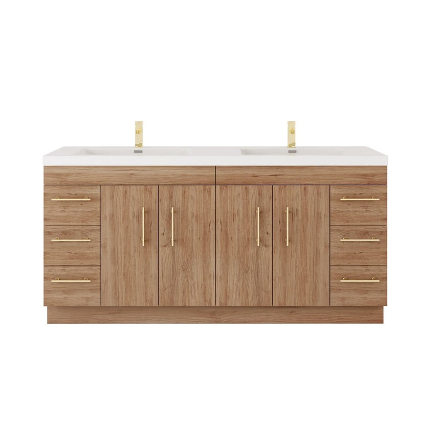 Bathroom with wooden vanity, sink, and decorative elements.