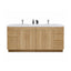 Bathroom vanity with wooden finish and white countertop on a white background