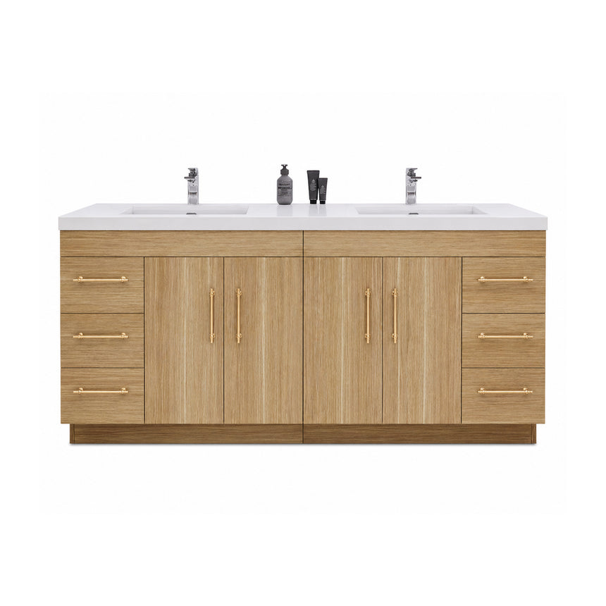 Bathroom with wooden vanity, sink, and decorative elements.