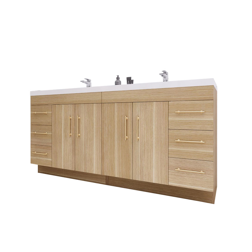 Bathroom with wooden vanity, sink, and decorative elements.