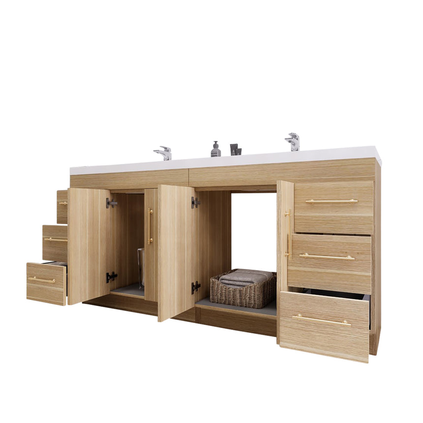 Bathroom with wooden vanity, sink, and decorative elements.