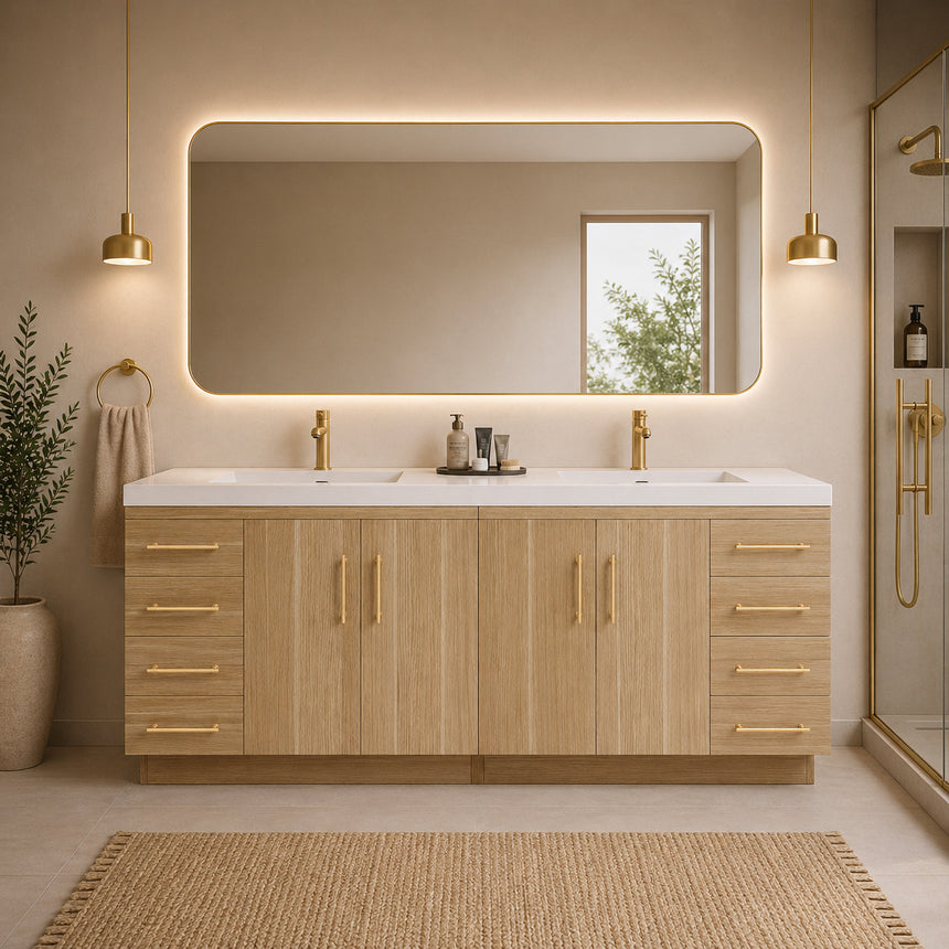 Bathroom with wooden vanity, sink, and decorative elements.