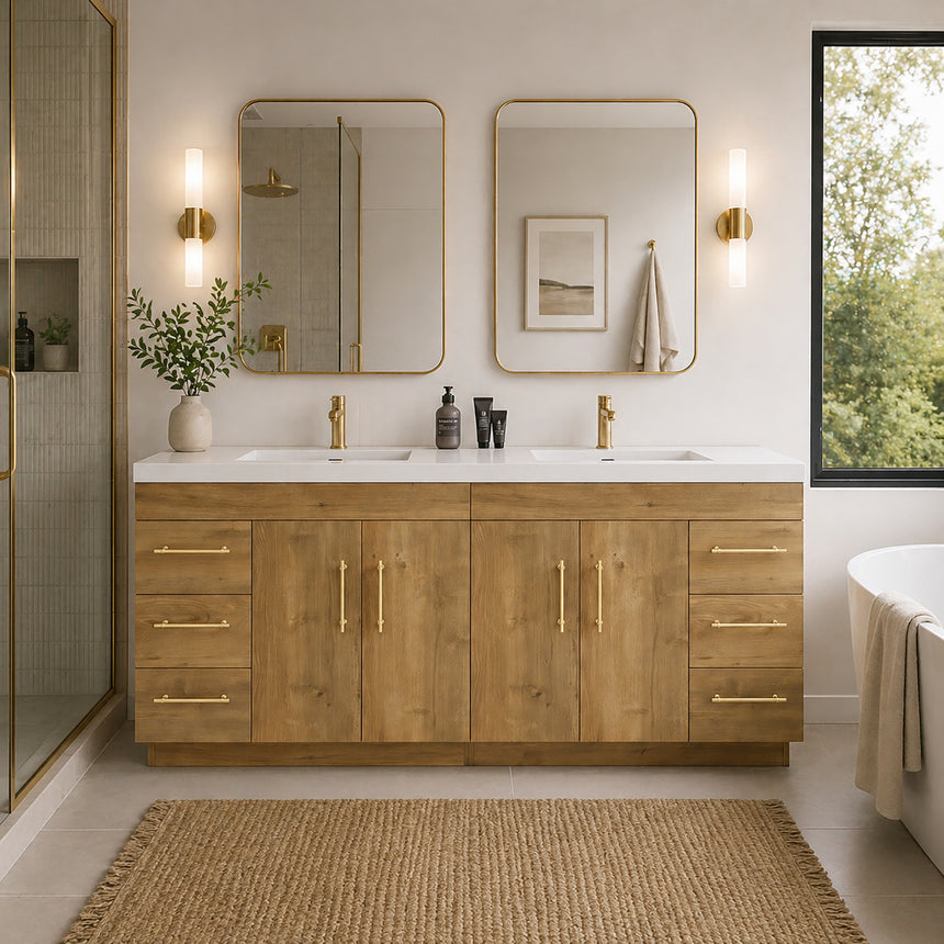 Bathroom with wooden vanity, sink, and decorative elements.