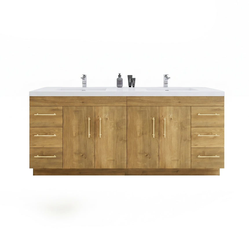 Bathroom with wooden vanity, sink, and decorative elements.