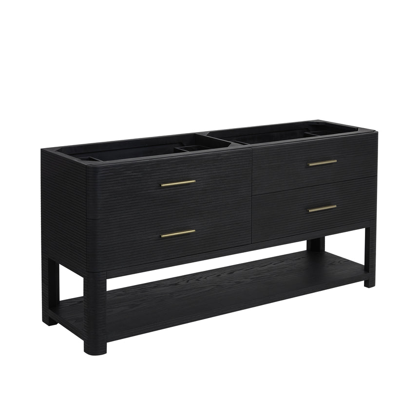 A modern bathroom vanity with a light oak wood frame, six drawers, an open lower shelf, and a white marble top with an integrated sink. The vanity is styled in a bright bathroom with a white freestanding tub, a gold faucet, and a glass shower stall in the background.