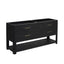 A modern black wood vanity console with a textured grain finish, featuring four drawers with slim gold pull handles and an open lower shelf, set against a plain white background.