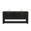 A modern double-sink bathroom vanity with a black wood-look cabinet, textured drawer fronts, and brass handles, set against a plain white background.