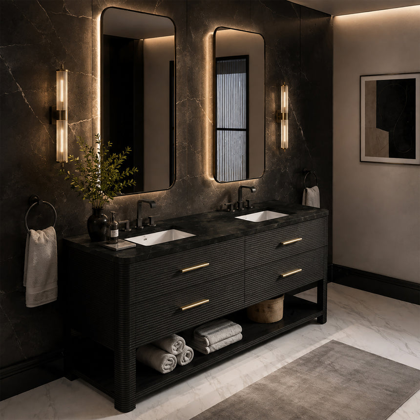 A modern bathroom vanity with a light oak wood frame, six drawers, an open lower shelf, and a white marble top with an integrated sink. The vanity is styled in a bright bathroom with a white freestanding tub, a gold faucet, and a glass shower stall in the background.