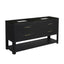 Black wood vanity console with a textured grain finish, featuring two drawers on the front with slim gold handles, a lower open shelf, and two rectangular sink basins set into a dark countertop, shown on a plain white background.