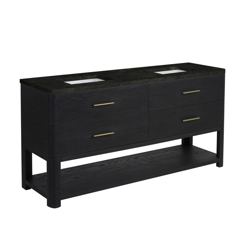 A modern bathroom vanity with a light oak wood frame, six drawers, an open lower shelf, and a white marble top with an integrated sink. The vanity is styled in a bright bathroom with a white freestanding tub, a gold faucet, and a glass shower stall in the background.
