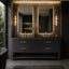 A modern double-sink bathroom vanity in dark wood with gold-tone hardware, set against a textured stone wall with two illuminated rectangular mirrors and wall sconces.