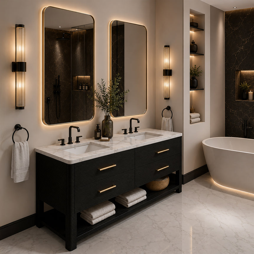 A modern bathroom vanity with a light oak wood frame, six drawers, an open lower shelf, and a white marble top with an integrated sink. The vanity is styled in a bright bathroom with a white freestanding tub, a gold faucet, and a glass shower stall in the background.