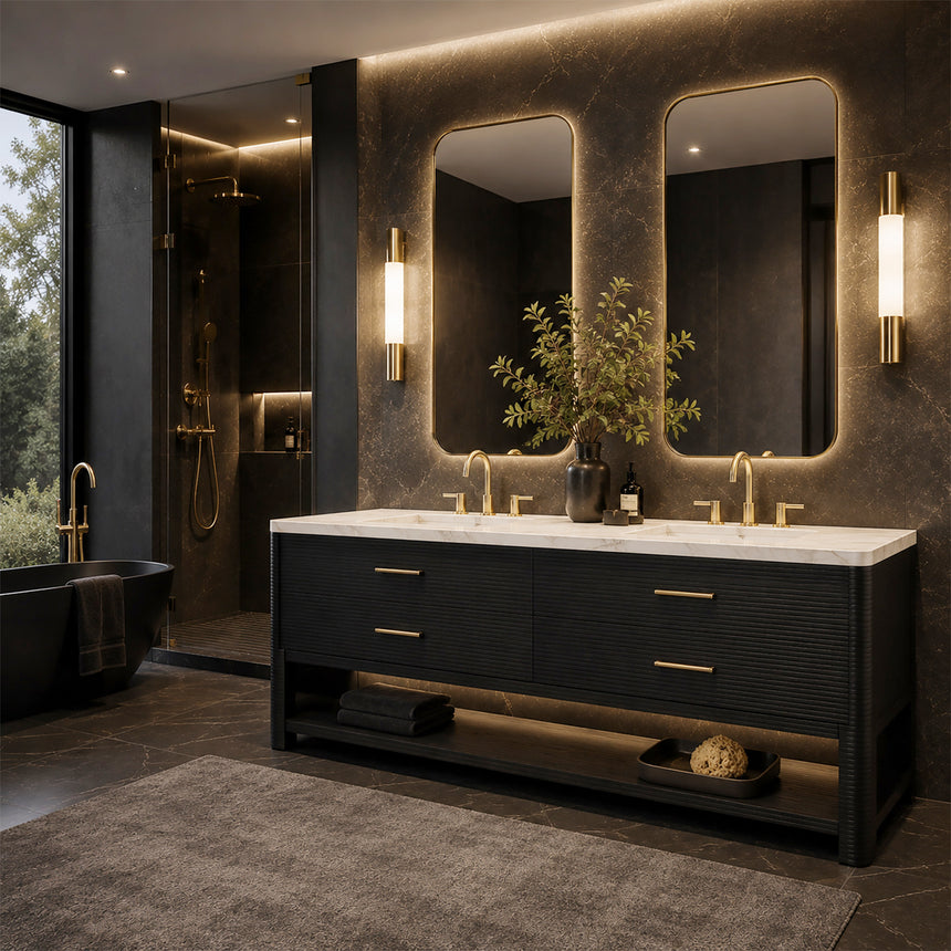 A modern bathroom vanity with a light oak wood frame, six drawers, an open lower shelf, and a white marble top with an integrated sink. The vanity is styled in a bright bathroom with a white freestanding tub, a gold faucet, and a glass shower stall in the background.