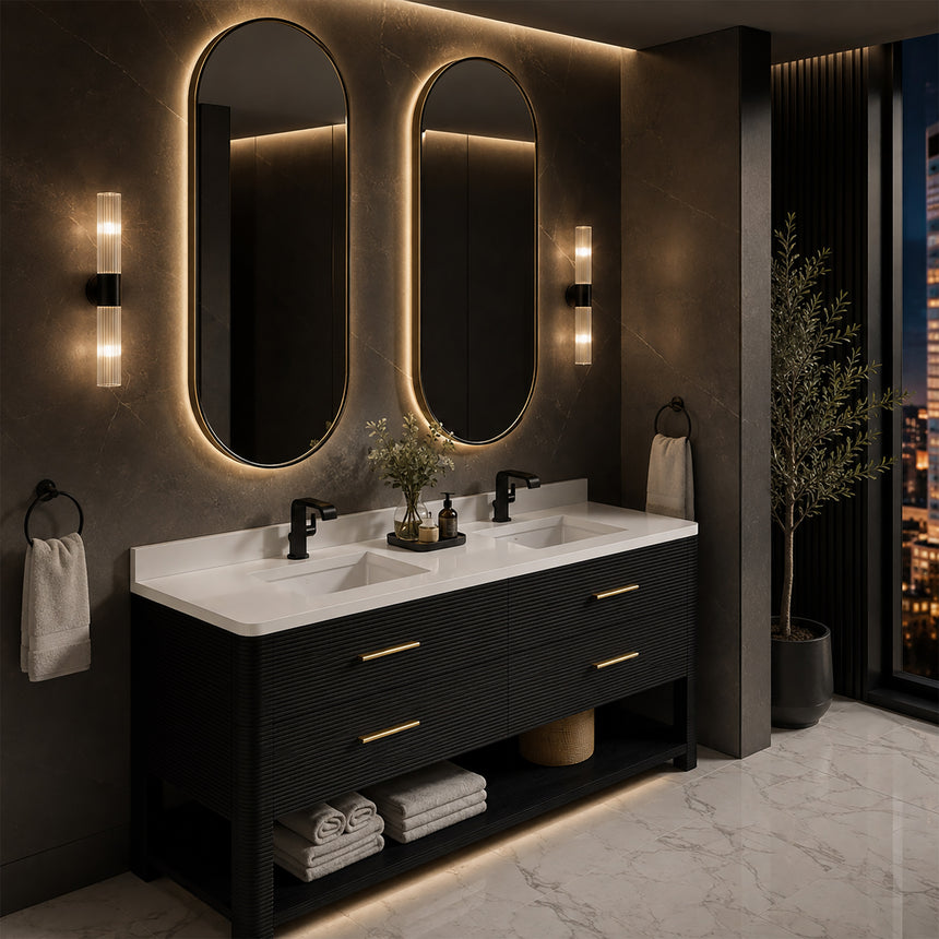 A modern bathroom vanity with a light oak wood frame, six drawers, an open lower shelf, and a white marble top with an integrated sink. The vanity is styled in a bright bathroom with a white freestanding tub, a gold faucet, and a glass shower stall in the background.