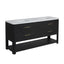 A modern double-sink bathroom vanity with a black textured wood-grain cabinet, a white stone countertop, and slim gold handles, shown on a plain white background.