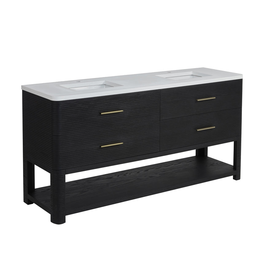 A modern bathroom vanity with a light oak wood frame, six drawers, an open lower shelf, and a white marble top with an integrated sink. The vanity is styled in a bright bathroom with a white freestanding tub, a gold faucet, and a glass shower stall in the background.