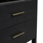 Black bathroom vanity with gold handles on a white background