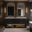 A modern double-sink bathroom vanity in a dark wood finish with a white countertop, set in a contemporary bathroom with illuminated mirrors, wall sconces, and a marble-look tiled shower area.
