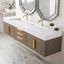 72 inch Bogota Bathroom vanity with white countertop, gold fixtures, and wooden cabinets.