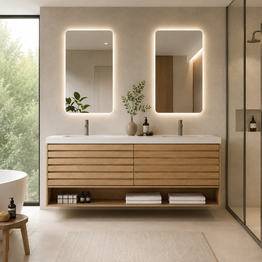 A modern floating bathroom vanity with a light oak wood finish, a white countertop, and an integrated sink, shown in a styled bathroom setting with a bathtub, shower glass, and decorative plants.