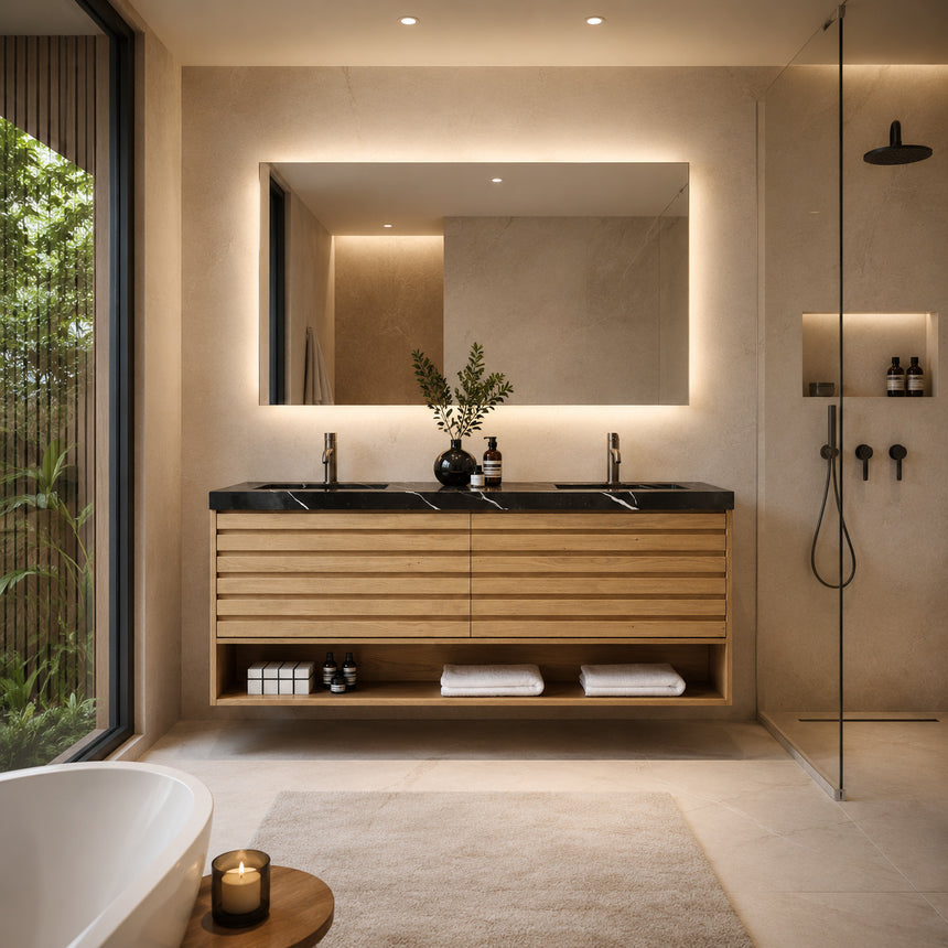 A modern floating bathroom vanity with a light oak wood finish, a white countertop, and an integrated sink, shown in a styled bathroom setting with a bathtub, shower glass, and decorative plants.