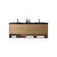 Bathroom vanity with wooden finish and black countertop on a white background
