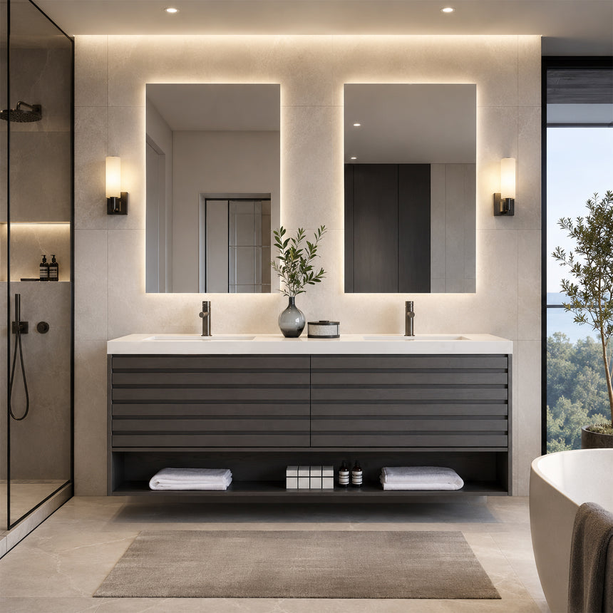 A modern floating bathroom vanity with a light oak wood finish, a white countertop, and an integrated sink, shown in a styled bathroom setting with a bathtub, shower glass, and decorative plants.