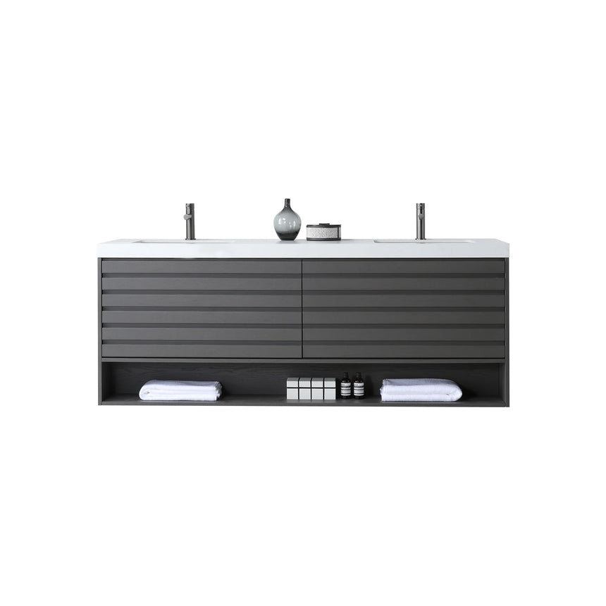 A modern floating bathroom vanity with a light oak wood finish, a white countertop, and an integrated sink, shown in a styled bathroom setting with a bathtub, shower glass, and decorative plants.