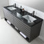 A modern double-sink bathroom vanity with a black marble-look countertop, dark wood cabinet, and matte black faucets, shown in a clean bathroom setting.